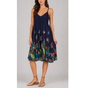 Old Navy Navy Tropical Empire Midi Dress‎ Floral Smocked Back V-Neck, Festival